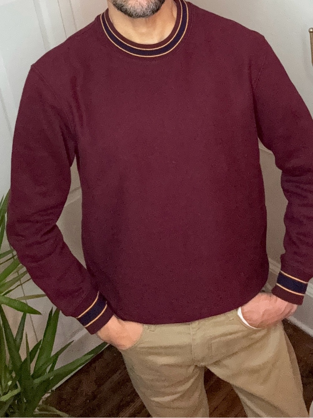 J. Crew Men's Heritage 14 oz. fleece sweatshirt with jacquard rib trim - Maroon - Picture 2 of 9
